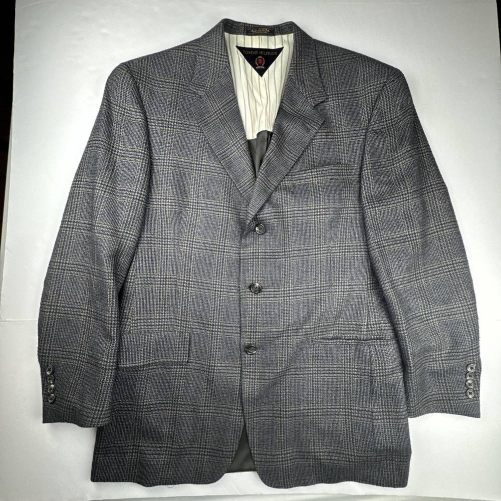 Vintage Tommy Hilfiger Mens Blazer 40R Grey Glen‎ Plaid 3 Button Made in USA
